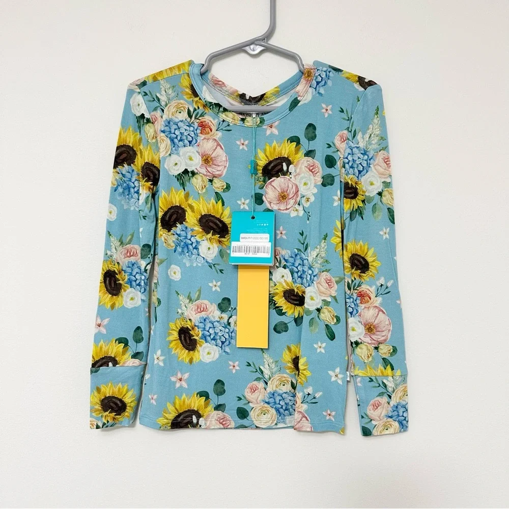 NWT Posh Peanut Blue Multi-Floral Sunflower Long Sleeve Top Size 5T Turquoise